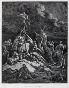 So machte Mose eine bronzene Schlange und setzte sie auf eine Stange. Numeri 21:7, Illustration aus der Dore-Bibel