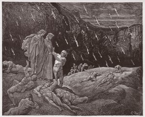 Die Göttliche Komödie, Inferno, Gesang 15: Brunetto Latini spricht Dante an (Illustration von Gustave Doré) von Gustave Dore