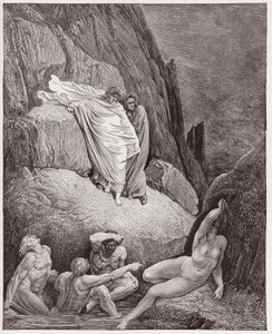 Die Göttliche Komödie, Inferno, Gesang 18: Virgil zeigt Dante den Schatten von Thais (Illustration von Gustave Doré) von Gustave Dore