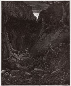 Die Göttliche Komödie (La Divina Commedia), Inferno, Gesang 1: Der Löwe konfrontiert plötzlich Dante - von Dante Alighieri (1265-1321) - Illustration von Gustave Doré (1832-1883) von Gustave Dore