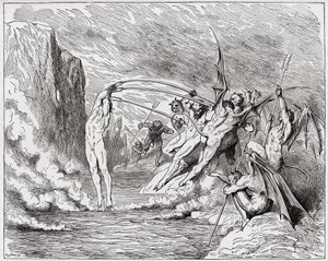 Die Göttliche Komödie, Inferno, Gesang 21: Teufel quälen die Barratoren (Illustration von Gustave Doré)