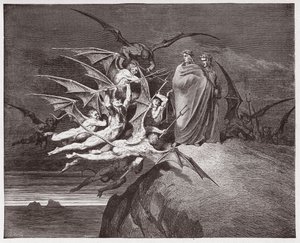 Die Göttliche Komödie, Inferno, Gesang 21: Die Dämonen bedrohen Virgil (Illustration von Gustave Doré) von Gustave Dore