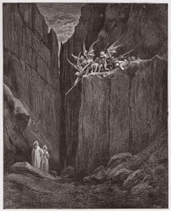 Die Göttliche Komödie, Inferno, Gesang 23: Die Dichter entkommen den Dämonen der fünften Bolgia (Illustration von Gustave Doré) von Gustave Dore