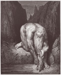 Die Göttliche Komödie, Inferno, Gesang 31: Der Riese Antäus senkt Dante und Virgil in den letzten Kreis (Illustration von Gustave Doré) von Gustave Dore