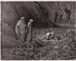 Die Göttliche Komödie, Inferno, Gesang 32: Ugolino nagt am Kopf von Erzbischof Ruggieri (Illustration von Gustave Doré) von Gustave Dore