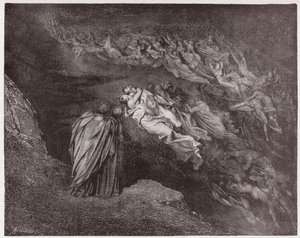 Die Göttliche Komödie, Inferno, Gesang 5: Die Seele von Francesca spricht zu Dante (Illustration von Gustave Doré) von Gustave Dore