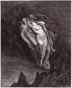 Die Göttliche Komödie, Inferno, Gesang 5: Die Seelen von Paolo und Francesca (Illustration von Gustave Doré) von Gustave Dore