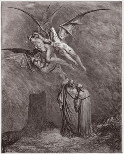 Die Göttliche Komödie (La Divina Commedia, La Divine Comedie), Inferno, Gesang 9: Die abscheulichen Erinyes: Megaera, Tisphone, Alecto - von Dante Alighieri (1265-1321) - Illustration von Gustave Dore (1832-1883) von Gustave Dore