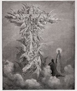 Die Göttliche Komödie, Paradiso, Gesang 14: Dante und Beatrice sehen die Engel mit Christus am Kreuz (Illustration von Gustave Doré) von Gustave Dore