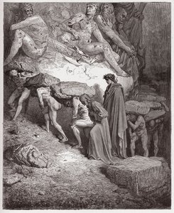 Die Göttliche Komödie, Purgatorio, Gesang 11: Die Seelen der Stolzen, schwere Steine tragend (Illustration von Gustave Doré) von Gustave Dore