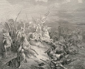 Die Heilige Bibel. 1866. Der Engel der Makkabäer. Gravur von Gustave Dore