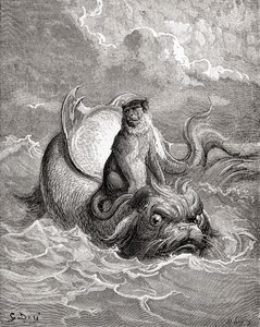 Der Affe und der Delphin nach einem Werk von Gustave Doré für eine La Fontaine-Fabel. Aus Leben und Erinnerungen von Gustave Doré, veröffentlicht 1885. von Gustave Dore