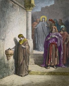 Das Scherflein der Witwe - Gravur von Gustave Doré - spätere Kolorierung