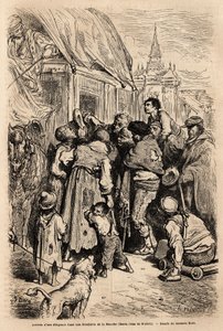 Die Ankunft der Postkutsche in einem Hotel in Santa Cruz de modela (Provinz Mancha), überfallen von Bettlern, die um Almosen bitten. Zeichnung von Gustave Dore (1832-1883). Gravur zur Illustration der Reise nach Spanien, 1862 von Charles Davillier und Gust von Gustave Dore