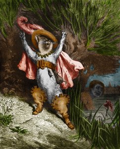 Der gestiefelte Kater ruft um Hilfe. Gravur von Gustave Doré (1832-1883) aus „Die Märchen“ von Charles Perrault (1628-1703) von Gustave Dore