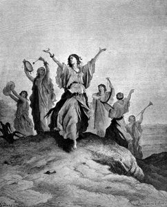 Die Tochter von Jephthah, dem Richter Israels, ging ihrem Vater entgegen. Illustration von Gustave Doré. Gravur des 19. Jahrhunderts