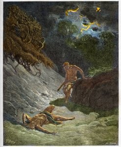 Der Tod Abels - Mord an Abel durch Kain - Gravur in „Die illustrierte Bibel“ von Gustave Doré (1832-1883) - Gravur aus „Die Doré-Bibel“