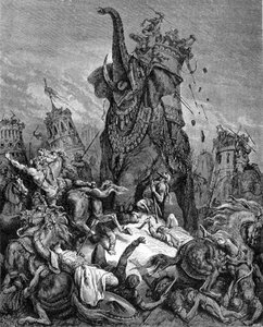 Der Tod von Eleazar Makkabäus, junger Bruder von Judas Makkabäus, unter der Herrschaft von Antiochos IV. Epiphanes (175-164 v. Chr.). Er wird von einem Elefanten zerquetscht. „Die Bibel“ illustriert von Gustave Doré. Gravur des 19. Jahrhunderts.