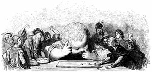 Die Erziehung des Kindes Gargantua: Er lernt, die Würfel zu spielen. Illustration von Gustave Doré für das Werk von François Rabelais. von Gustave Dore