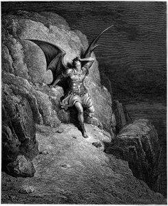 Der Sturz des Engels Luzifer (Satan, gefallener Engel, fiel vom Himmel zur Erde). Illustration von Gustave Doré für „Das verlorene Paradies“ von John Milton (1608-1674). Gravur von 1866. Private Sammlung von Gustave Dore