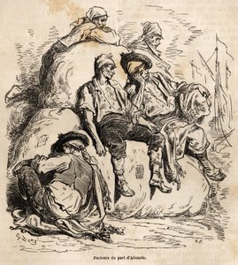 Das Nickerchen der Träger des Hafens von Alicante, Skizze von Gustave Doré (1832-1883), zur Illustration seiner Reise nach Spanien im Jahr 1862 mit Ch. Davillier. Gravur in „Le tour du monde“, herausgegeben von Edouard Charton