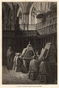 Das Studium der Psalmen durch den Chor der Kathedrale Santa Maria de Burgos (15. Jahrhundert), dessen Gottesdienst die Besonderheit hat, seit dem 17. Jahrhundert von fünf verschiedenen Chören gesungen zu werden. Zeichnung von Gustave Doré (1832-1883). Grav