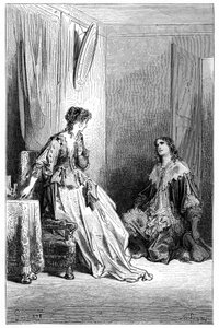 Vallombreuse kniet vor Isabelle, in die er verliebt ist. Stich von Gustave Doré zur Illustration von Théophile Gautiers Roman „Le capitaine Fracasse“, Charpentier-Ausgabe 1863. von Gustave Dore