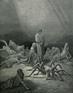 Virgil (70-19 v. Chr.) und Dante betrachten die Spinnenfrau, Illustration aus 