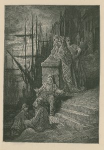 Familie eines Wasserarbeiters auf einer Treppe am Fluss Themse von Gustave Dore