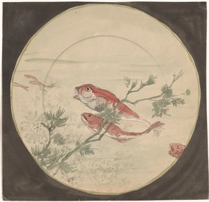 Entwurf für einen Teller mit roten, aufwärts schwimmenden Fischen von Gustave Fraipont (signed by artist)