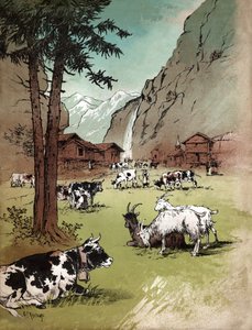 Bauernhof und Landschaft in den Schweizer Alpen, ca. 1910 (Illustration) von Gustave Fraipont