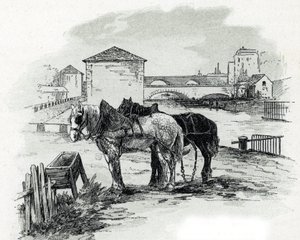 Zugpferde, Quai de la Gironde, Villette (Zugpferde für die Boote des Canal Saint-Denis, Quai de la Gironde, Villette Paris) Zeichnung von Gustave Fraipont (1849-1923) aus Saint-Juirs von Gustave Fraipont