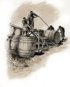 Dockarbeiter stapeln Weinfässer, Bercy, Paris von Gustave Fraipont