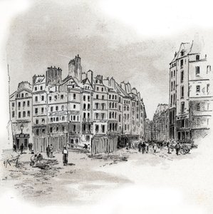 Ansicht des Place Maubert, Paris Zeichnung von Gustave Fraipont (1849-1923) aus „La Seine à travers Paris“ von Saint-Juirs
