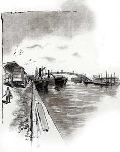 Blick auf die Fußgängerbrücke des Canal de la Villette, Paris von Gustave Fraipont