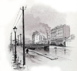 Ansicht der Schwenkbrücke des Quai de Valmy am Canal Saint Martin, Paris. Zeichnung von Gustave Fraipont (1849-1923) aus Saint-Juirs von Gustave Fraipont