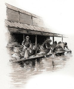 Wäscherinnen am Quai de Valmy, Ufer des Canal Saint-Martin, Paris, aus „La Seine à travers Paris“ von Saint-Juirs