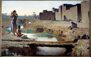 Orientalismus: Frau und Kind holen Wasser am Fluss in einer Oase in der algerischen Wüste