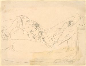 Mädchen liegt auf einem Bett von Gwen John