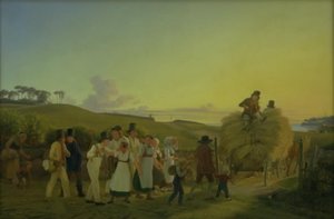 Bauern kehren mit der letzten Ladung Korn vom Feld zurück von H.J. Hammer