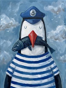 Matrosenpinguin mit Fisch