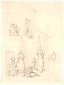 Frauen und Kinder vor einem italienischen Haus