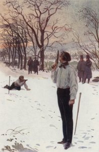 Henri, der stillsteht und sein Gesicht mit seiner Pistole bedeckt, wartet