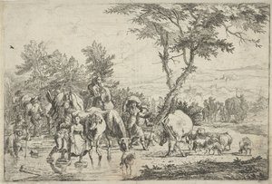 Bauern überqueren einen Bach mit ihrer Herde von H. Pielmans