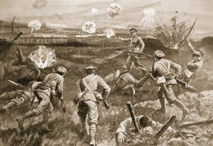 Sergeant H. Wells führt einen Zug zu den deutschen Drahtverhauen, nachdem sein Offizier getötet wurde von H. Ripperger