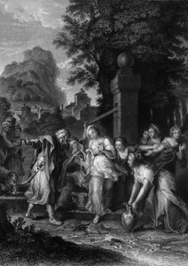 Das Treffen von Eliezer und Rebecca am Brunnen, 19. Jahrhundert von H. Robinson