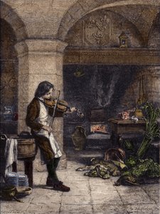 Jean Baptiste Lully, französischer Komponist, einst „Galopin“ oder Küchenjunge bei Mademoiselle de Montpensier. Gravur von T. Meyer-Heine nach einer Zeichnung von Hippolyte de La Charlerie. von H. de la (after) Charlerie