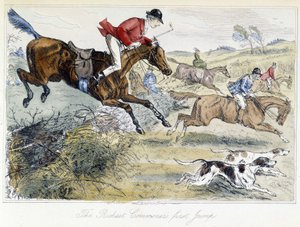 Jagdszene, englische Karikatur auf die Fuchsjagd, aus den „Abenteuern von Thomas Scott oder Hawbuck Grange“, Illustration von H.K. Browne und W.T. Maud.