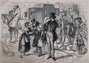 Eine junge Frau kümmert sich um einen kranken Mann, während Leute aus dem Haus in die Kutsche steigen. Holzstich von Gray nach H.K. Browne. von Hablot Knight Browne