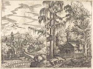 Landschaft mit Blick auf ein Bauernhaus und eine Stadt in der Nähe eines Flusses von Hanns Lautensack